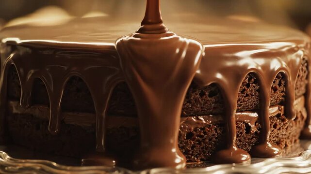 Chocolate cake with dripping glaze on silver platter close up