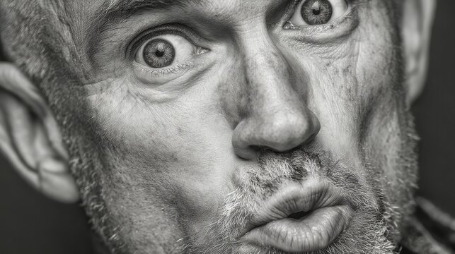Surprised man close up portrait in black and white with wide eyes and puckered lips