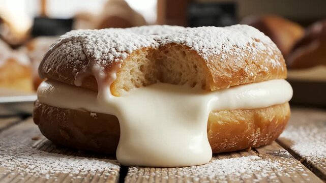 Close up of a cream filled doughnut with bite mark and powdered sugar