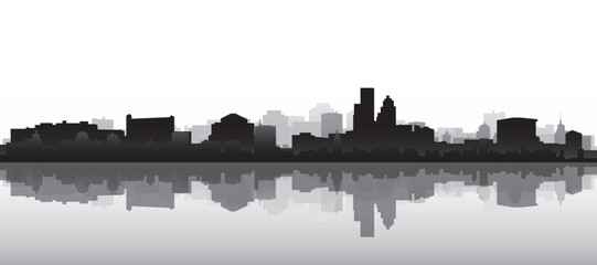 Obraz premium Black and white panoramic poster of the city skyline with misty background buildings and water reflection of BOSTON, MASSACHUSETTS