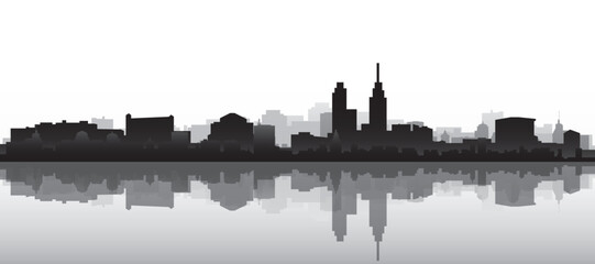 Fototapeta premium Black and white panoramic poster of the city skyline with misty background buildings and water reflection of PHILADELPHIA, PENNSYLVANIA
