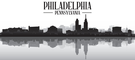 Fototapeta premium Black and white panoramic poster of the city skyline with misty background buildings and water reflection of PHILADELPHIA, PENNSYLVANIA