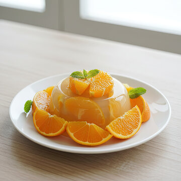 Delicious orange jelly dessert with fresh slices and mint