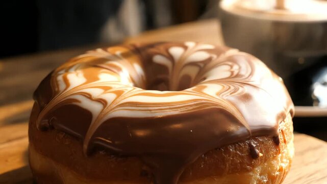 Close up of a glazed donut with a coffee cup in a soft focus background
