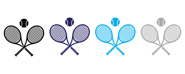 Set of four tennis rackets with blue and black mesh isolated on white background © MdRakinMahtab