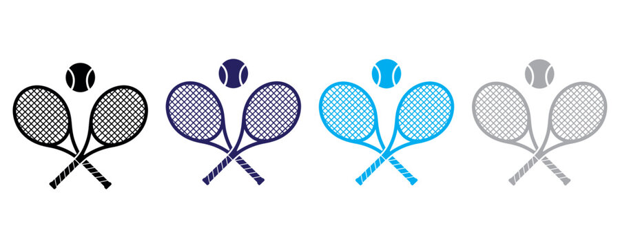 Set of four tennis rackets with blue and black mesh isolated on white background