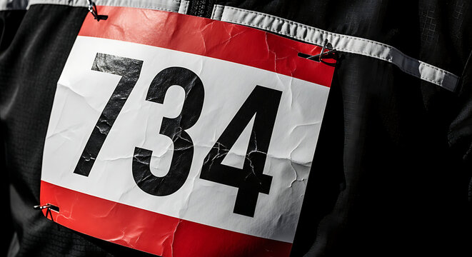 Race bib number 734 displayed on black jacket for winter marathon race  