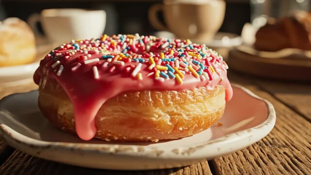 Close up of a pink frosted donut with colorful sprinkles on a wooden table