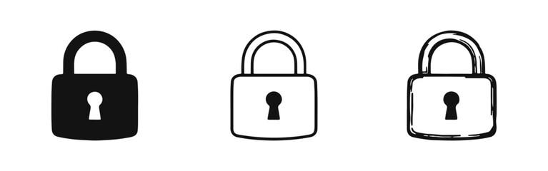 Padlock icon set. Security and protection symbol. Confidential access and privacy in black, outline, and doodle styles.