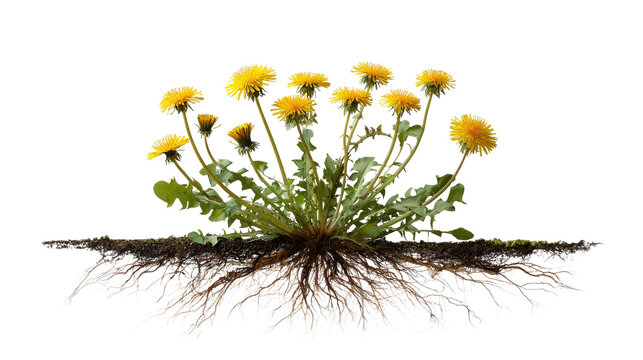 Dandelion taproot system with yellow flowers grown in soil, showing plant anatomy and strength, concept for herbal remedies and natural medicine with transparent background