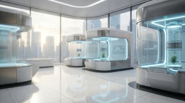 Row of automated plant growth incubators in advanced hydroponic research facility, generative AI
