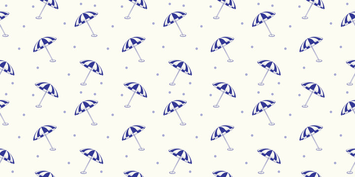 Hand Drawn Seamless Pattern Featuring Navy Blue Striped Beach Umbrellas and Polka Dots on a Cream Background for Coastal Summer Textile Design