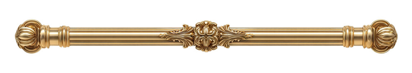 Vintage gold decorative bar with twisted rod and ornamental ends, isolated on transparent cutout background