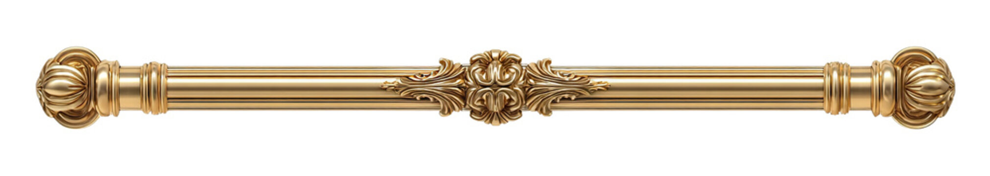 Vintage gold decorative bar with twisted rod and ornamental ends, isolated on transparent cutout background