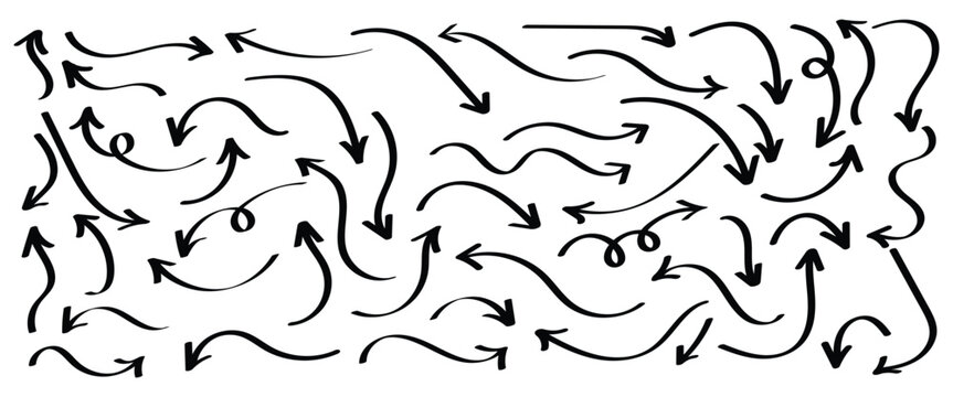 Different collection of curved thin lines vector hand drawn arrows  on white background. Black arrows set are used to educational materials, presentations and different type of project work.