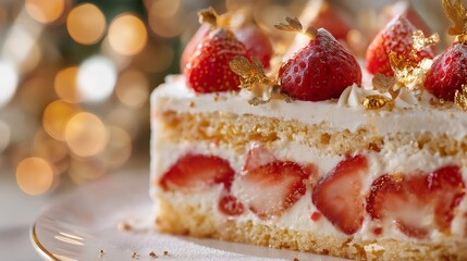 Strawberry cream cake slice with golden flakes