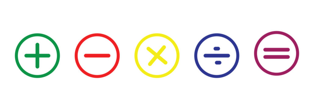 Colorful Plus and minus icon set. Divide and multiply icon vector flat are used in calculators, educational materials and finance apps.