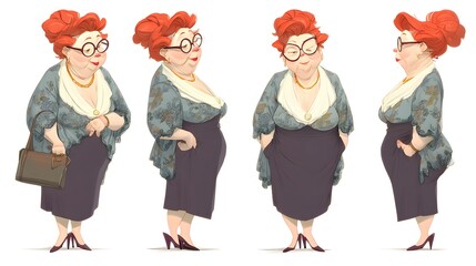 character sheet of an senior ginger hair woman