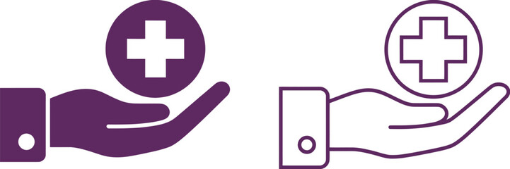 Obraz premium Health care support glyph icon with hands holding a heart and medical cross symbol, vector illustration representing healthcare, first aid, medicine, patient care, medical services