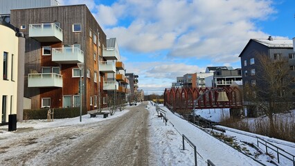 Fototapeta premium Sweden. Houses and streets of Linkoping in winter. Östergötland province.