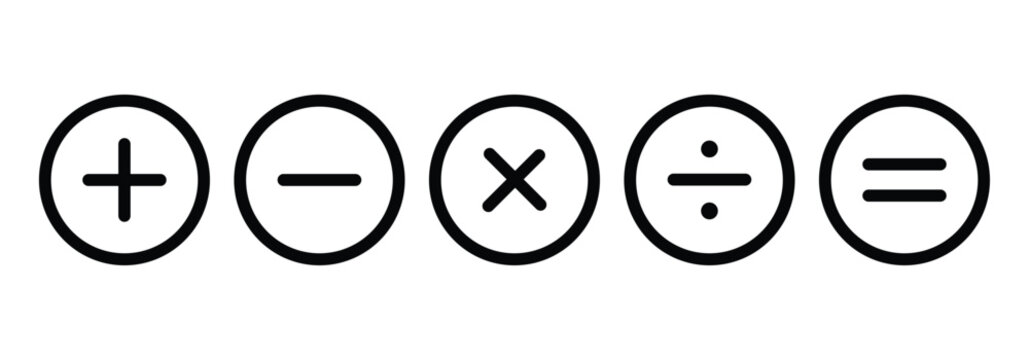 Plus, minus, multiply, divide and equals icon set in black circular frame. Flat vector icon set isolated on a white background.