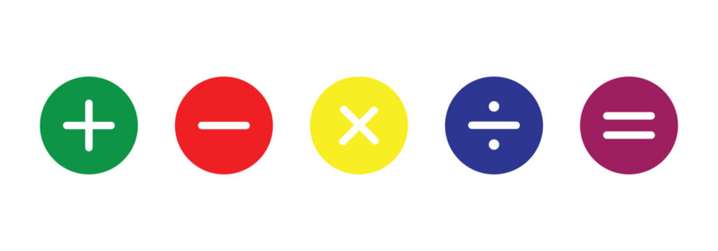 Plus, minus, multiply, divide and equals sign in different colored circular frame. Flat vector icon set isolated on a white background.