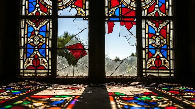Broken Stained Glass Window in Abandoned Building with Sunlight Shining Through.