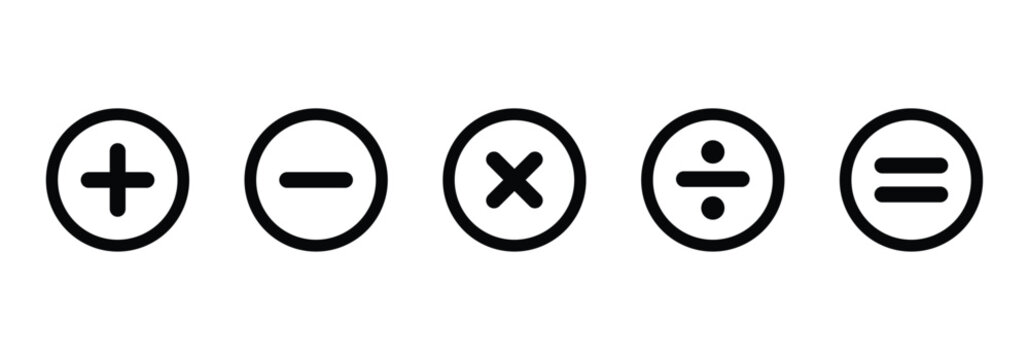 Plus, minus, multiply, divide and equals icon set in black circular frame. Flat vector icon set isolated on a white background.