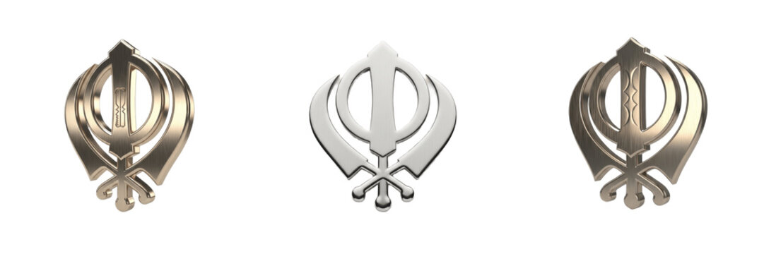 Set of metallic gold and silver Khanda symbols of Sikhism isolated on white background