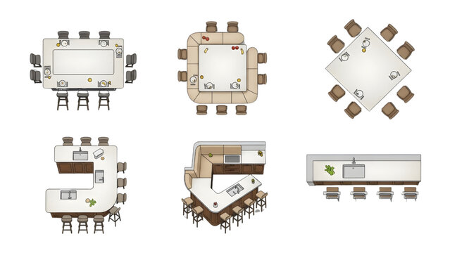 Modern Kitchen Island Configurations with Seating CAD Plan View Vector Pack for Interior Floor Plans