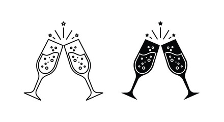 Fototapeta premium Black and white illustration of two pairs of clinking champagne flutes with confetti and stars on a plain background.