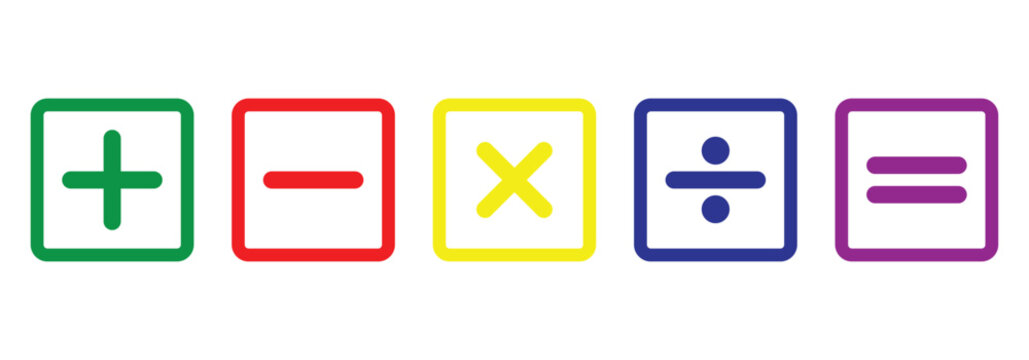Different colored mathematical plus, minus, multiply, divide and equal symbol set in square frame are used in data manipulation tools and  digital and physical calculators.