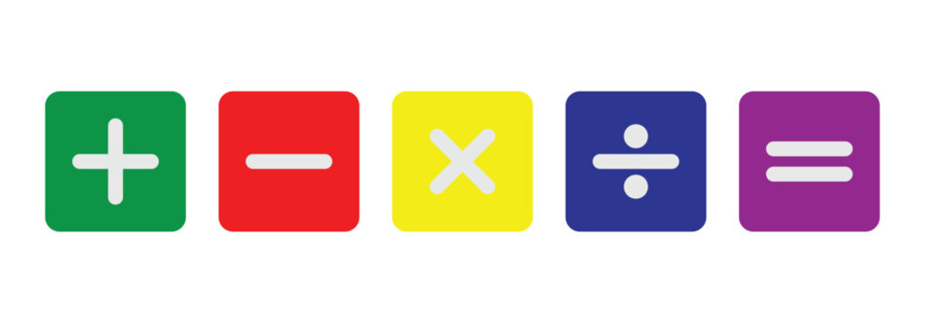 Different colored mathematical plus, minus, multiply, divide and equal symbol set in square frame are used in data manipulation tools and  digital and physical calculators.
