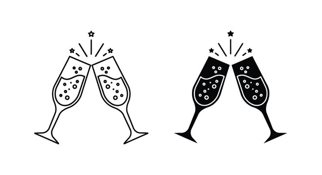 Black and white illustration of two pairs of clinking champagne flutes with confetti and stars on a plain background.