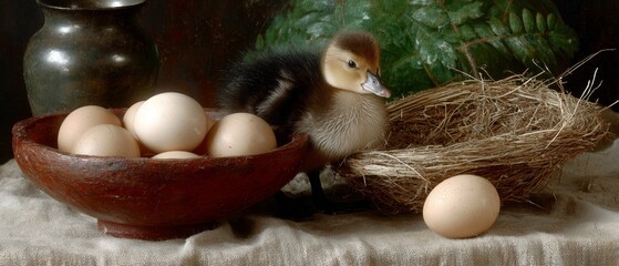 Duckling With Eggs and Nest in Rustic Still Life Composition on Linen Cloth