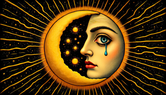 Ominous Crying Sun Over Earth as a Harbinger of Doom, Psychedelic, Premonition, Sun with a Tear