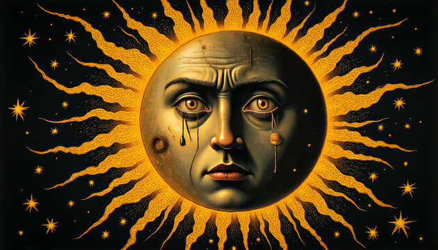 Ominous Crying Sun Over Earth as a Harbinger of Doom, Psychedelic, Premonition, Sun with a Tear