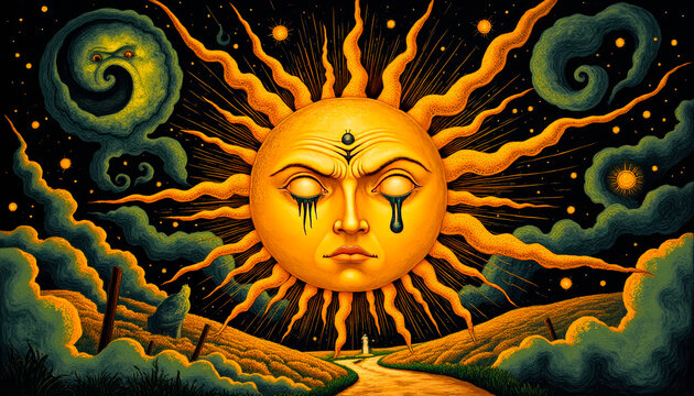 Ominous Crying Sun Over Earth as a Harbinger of Doom, Psychedelic, Premonition, Sun with a Tear