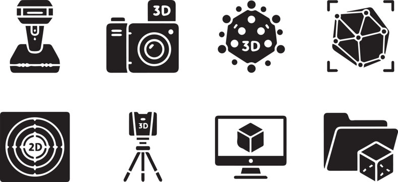 Collection of 3D modeling and rendering icons, including camera, monitor, and software symbols.
