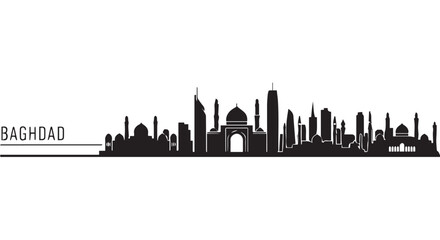 Naklejka premium Black silhouette of Baghdad city skyline with mosque and minarets on Transparent Background, Iraq landscape