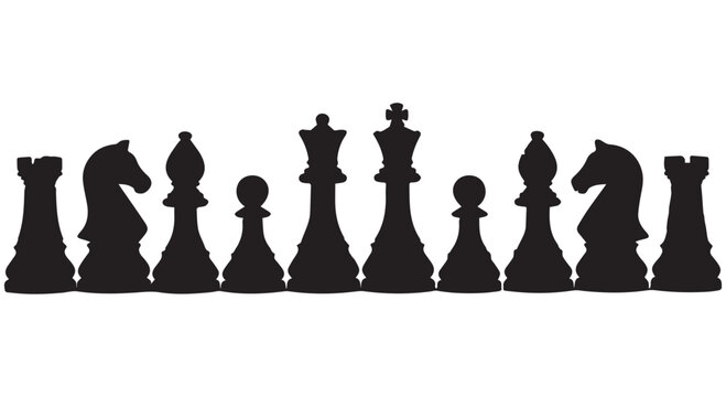 Black chess pieces lined up in a row on a Transparent Background, strategy and game concept