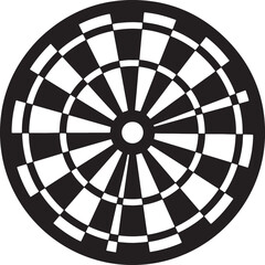 Black and white dartboard with radial segments and circular bullseye also transparent background darts