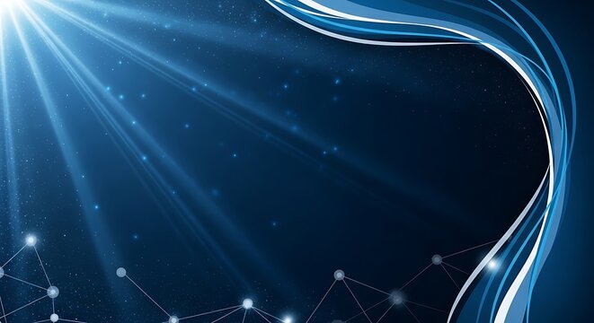 Abstract digital background with light beams, curves, and network nodes on blue
