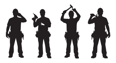 Silhouetted men in various poses holding tools, possibly construction or repair workers, against a Transparent Background.