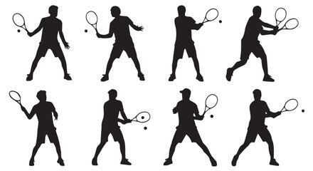 Obraz premium Eight black silhouette illustrations of tennis players in various dynamic poses with rackets and balls on Transparent Background.