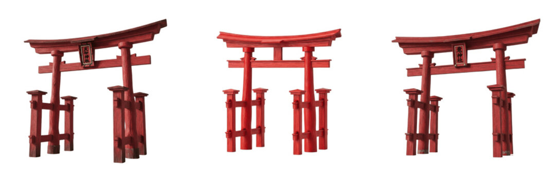 Set of traditional red Japanese torii gate structures for Shinto shrines isolated on white background