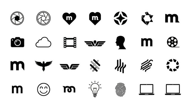 Collection of black and white icons and symbols for design and web use