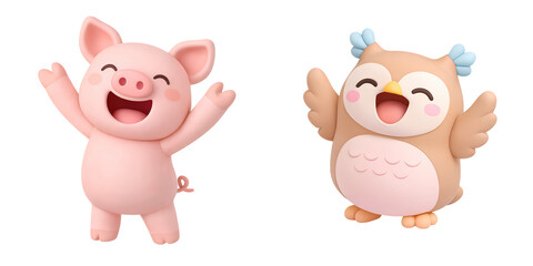 Obraz premium Cute pig happy owl kawaii animal cartoon character 3d illustration joyful expression pink pig brown owl children design playful mood Cute pig