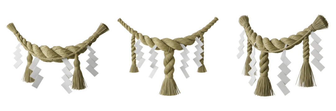 Set of traditional Japanese shimenawa sacred rice straw ropes with shide paper strips isolated on white background