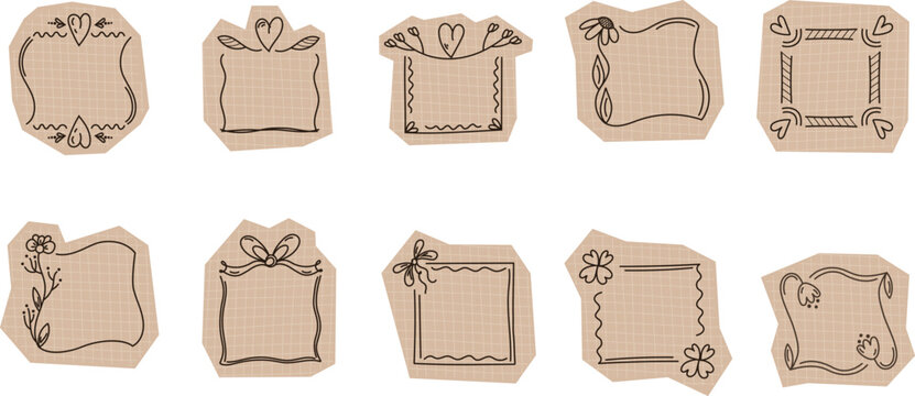 Hand drawn dodle frames set. Cute sketch labels collection.